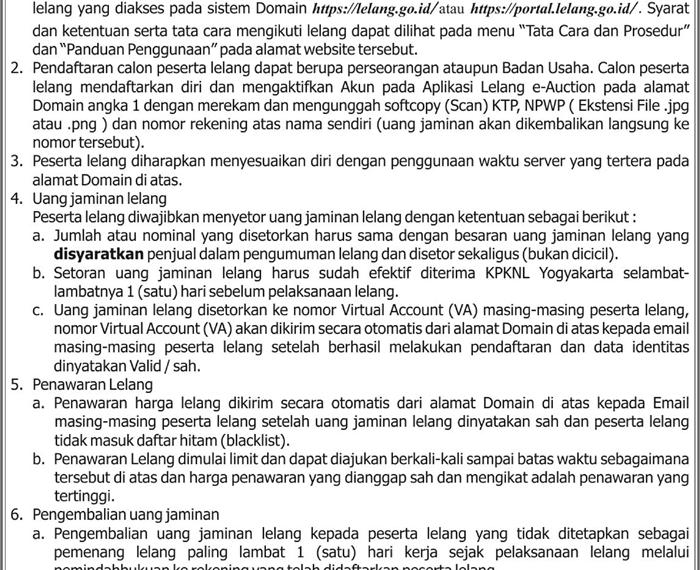 Bank BRI Kantor Cabang Wonosari, Pengumuman Kedua Lelang Eksekusi Hak Tanggungan